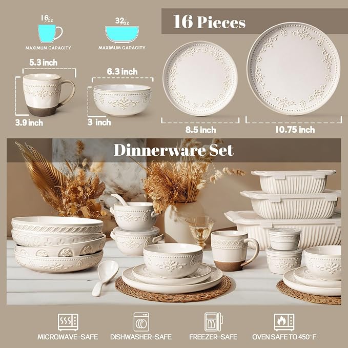 Plates And Bowls Sets, 16 Pieces Dinnerware Sets, Dish Set For 4, Ceramic Kitchen Bowl And Plate Set, Embossed White Dishware Sets, Dishwasher & Microwave Safe (Damask Floral) (With Mugs)