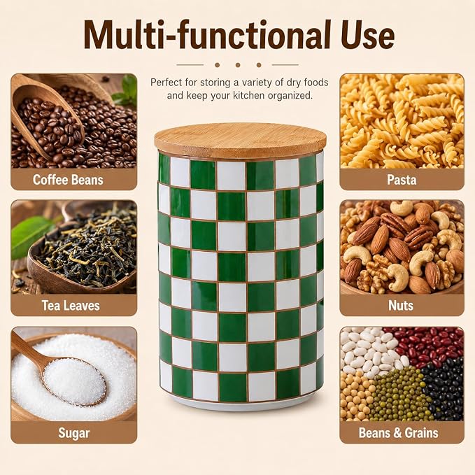 Kitchen Countertop Ceramic Checkered Canisters,Black And White Food Storage Containers With Lid,Airtight Kitchen Canisters for Flour, Sugar, Coffee, Tea, and Dry Goods (Green, XL)