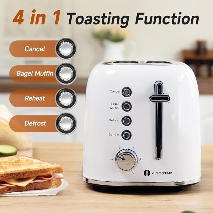 Aigostar Retro 2 Slice Toaster, Stainless Steel, White | 1.6 Inch Extra Wide Slots, Bagel Function, Cancel & Defrost, 6 Shade Settings, Removable Crumb Tray