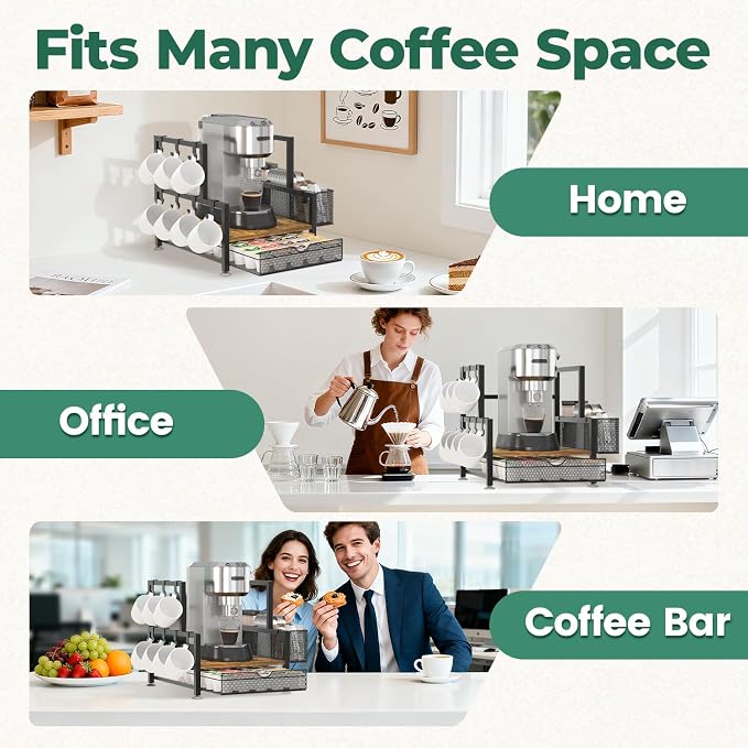 EsLuker.ly Coffee Bar Station Organizer with K Cup Drawer, 7 Mug Hooks | Pod Holder Storage Rack for Countertop, Wooden Coffee Machine Maker Stand for Home Office, Space-Saving for Coffee Lovers
