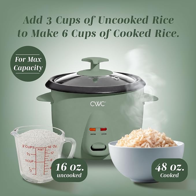 COOK WITH COLOR 6 Cup Rice Cooker 300W - Effortless Cooking and Perfectly, Cooks 3 Cups of Raw Rice for 6 Cups of Cooked Rice, Green
