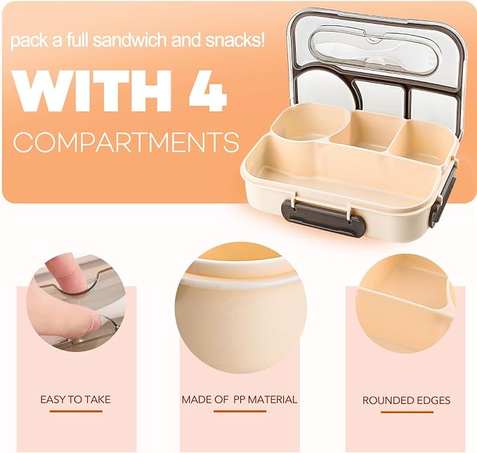 Bento Box for Adults, 4 Compartments Lunch Box, Lunch Containers, Beige