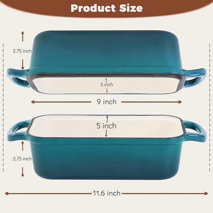 Cast Iron Loaf Pan with Lid, 9x5 Loaf Pans for Homemade Bread | Cast Iron Bread Pan for Sourdough Baking, 9x5 Loaf Pan with 2-In-1 Design, Even Heat Distribution, Teal Enameled