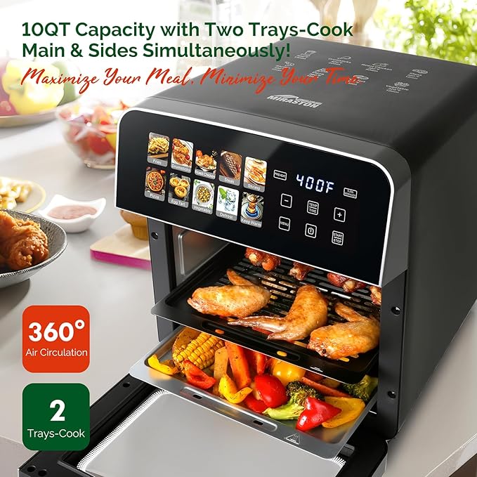 10QT Air Fryer Toaster Oven, Family Size Double-Cooking Combo | EASY CLEAN: Stainless Steel Interior oven; dual-layer rack allows simultaneous cooking for healthy family meals.