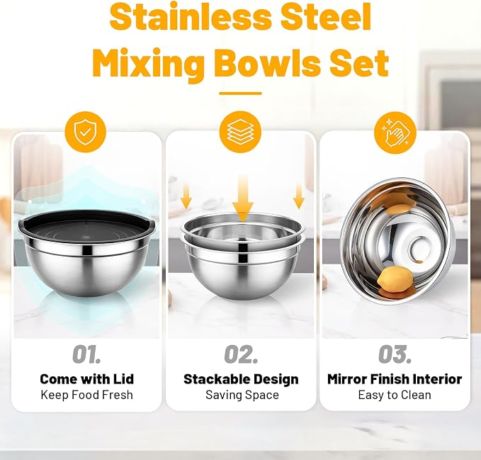 Beasea Stainless Steel Mixing Bowls, 2 Pack 3.4 QT Metal Nesting Mixing Bowls with Black Lids, Stackable Baking Bowl with Lid for Kitchen, Prepping, Serving, Cooking