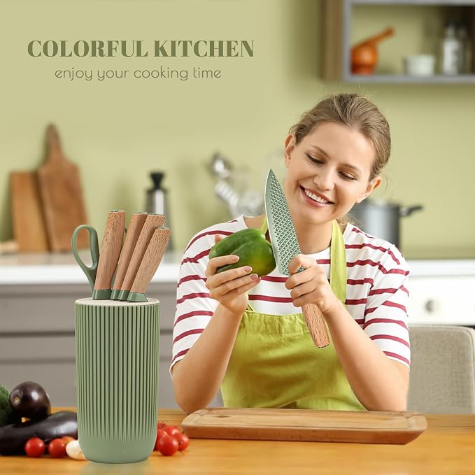 Kitchen Knife Set, Retrosohoo 6-Pieces Green Sharp Knife Set for Kitchen, Non-stick Non-slip Stainless Steel Chef Knife Set with Universal Knife Block Suitable for Home Restaurant (Green)