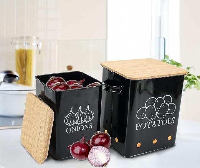 Kitchen Vegetable Storage Tins Set of 2, Onion and Potato Storage Bins with Wooden Lid and Aerating Holes, Garlic Bin Caddy, Vintage Kitchen Decor, Black