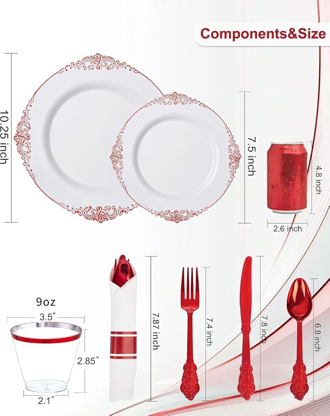 Nervure 175Pcs Red Plastic Plates, Red Plastic Dinnerware Set for 25 Guests | 25 7.5" Dessert & 25 10.25" Dinner Plastic Plate, 75 Cutlery, 25 9oz Cup, 25 Napkin for Wedding & Party, BPA-free, Heavy-duty