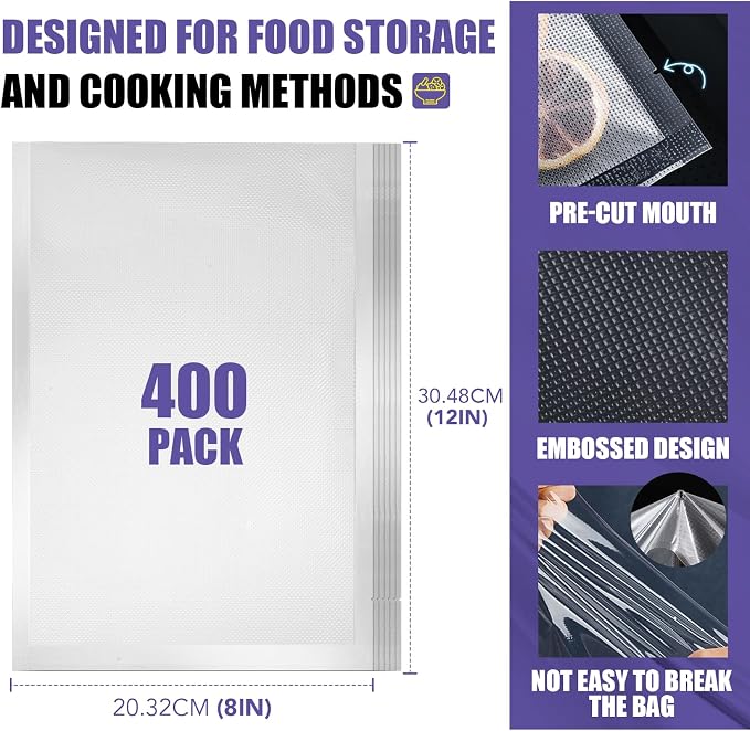 CAREGY Vacuum Sealer Bags 400 Quart | 8" x 12" with BPA Free for Food Storage Meal Prep or Sous Vide