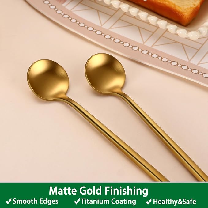 DEHOV Satin Gold 6.7 Inches Coffee Spoon,4 Pieces Stainless Steel 18/10 Tea Spoons Set,Solid Round Handle Coffee Stirring Spoon,Durable Dishwasher Safe Long Handle Ice Cream Spoons,Teaspoon