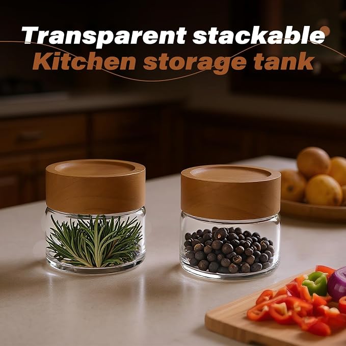 2-Pack 4 fl oz Leakproof Mason Jars with Acacia Wood Lids | Small Glass Food Storage Containers / Overnight Oats / Spices / Snacks / Kitchen Pantry Organization