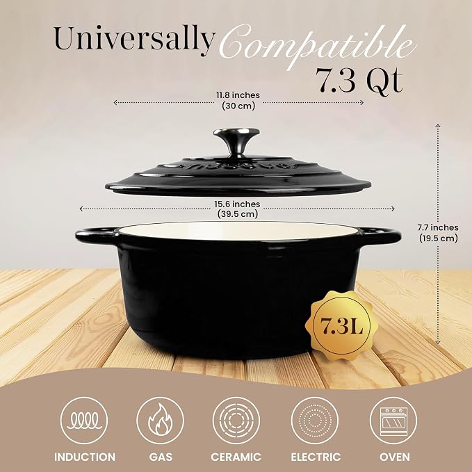 Cast Iron Dutch Oven with Lid-Non-Stick Ovenproof Enamelled Casserole Pot- Sturdy Dutch Oven Cookware - Black, 7.3- Quart, 30cm- by Nuovva