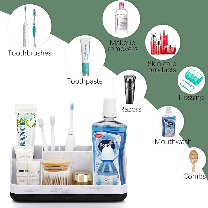 GFWARE Marble Bathroom Countertop Organizer - Detachable 7 Slots Kids Electric Toothbrush and Toothpaste Holde Drainage for Bathroom Accessories Organization Counter Vanity Storage, Black | Detachable 7 Slots Kid Electric Toothbrush and Toothpaste Hold...