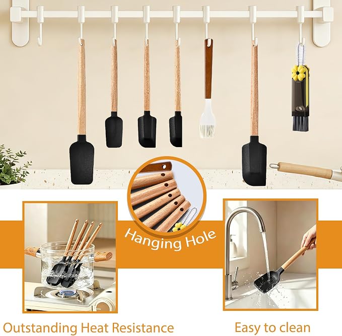 7 Piece Silicone Spatula Set, Food Grade Rubber Spatula Set with Wooden Handle, Heat Resistant Up to 600°F, Silicone Utensils Set for Baking, Cooking & Mixing, Jar, Non-Stick Kitchen Utensils(Black)