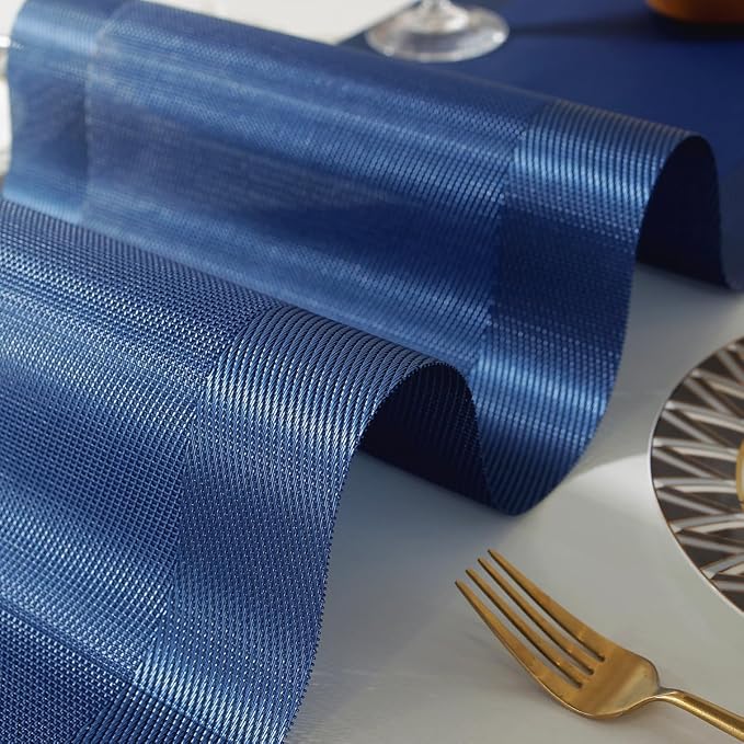 Vinyl Placemats Set of 6 Vinyl Heat-Resistant Table Mats with Matching a Same-Style 72 inches Table Runner (7pcs,Blue)