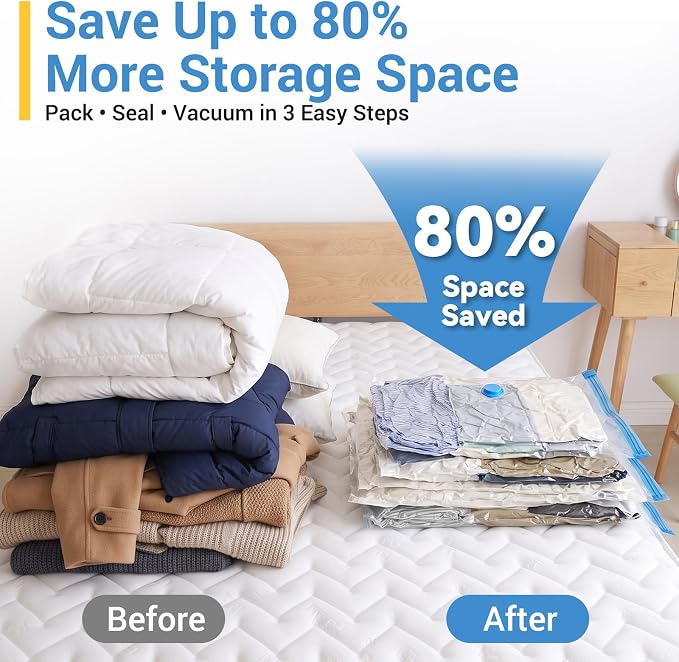 80% Space Saver Vacuum Storage Bags with Hand Pump, 10 Jumbo | Plastic Packaging Bags, Vacuum Seal Bags for Clothing, Travel Lugggage, Blankets, Comforters