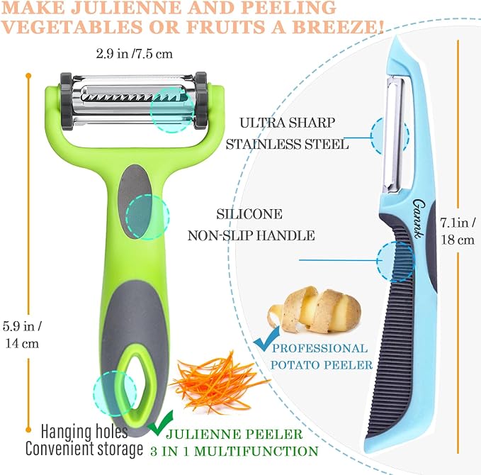 GANNK Potato Apple Vegetable Peelers for Kitchen, I and Y Peelers for Fruit Veggie Potatoes Carrot Cucumber, 3 in 1 Blade Spin Design With Julienne Multifunctional