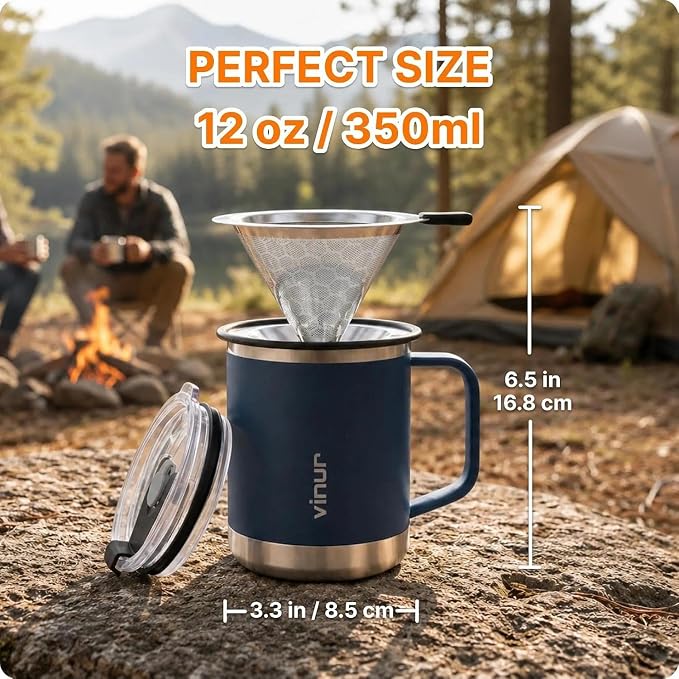 Pour Over Coffee Maker-12 oz Insulated Mug With Stainless Steel Filter | Stainless Steel Double Wall Vacuum Insulated Coffee Maker With Stainless Steel Filter for Home, Camping, Office (Slate Blue)