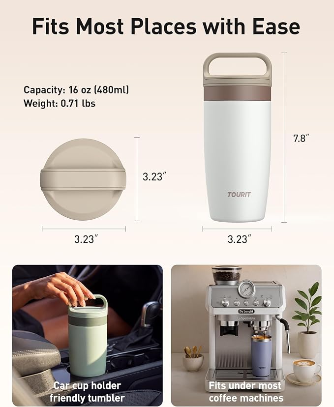 TOURIT Travel Coffee Mug 16 oz,Leakproof 2-Part Lid Tumbler,Grayish Green | Coffee Tumbler Cup, Insulated Stainless Steel Travel Mug, Dishwasher Safe Reusable Water Bottle, BPA-Free Coffee Mug