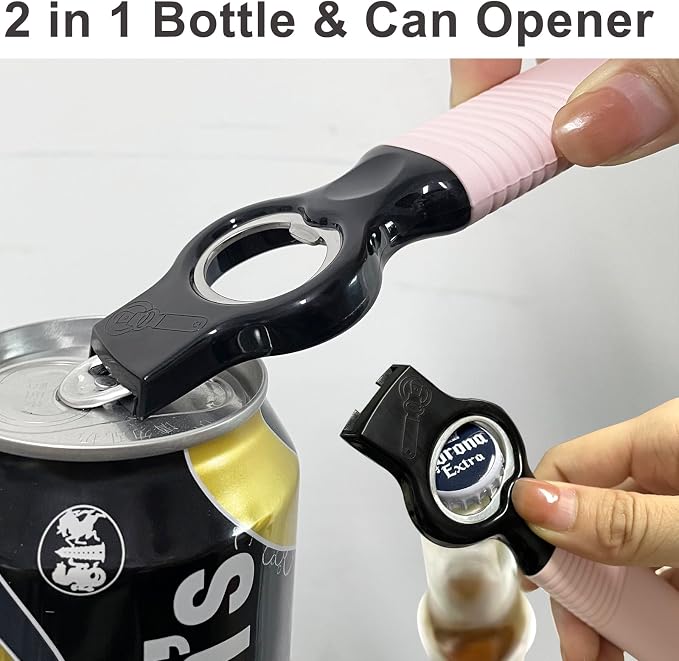 2-in-1 Soda Can Tab & Beer Bottle Opener, Aqua & Pink, 2-Pack | Easy pull tab opener with soft silicone handle protects nails & arthritic hands. Great for bars, picnics, and outdoor events