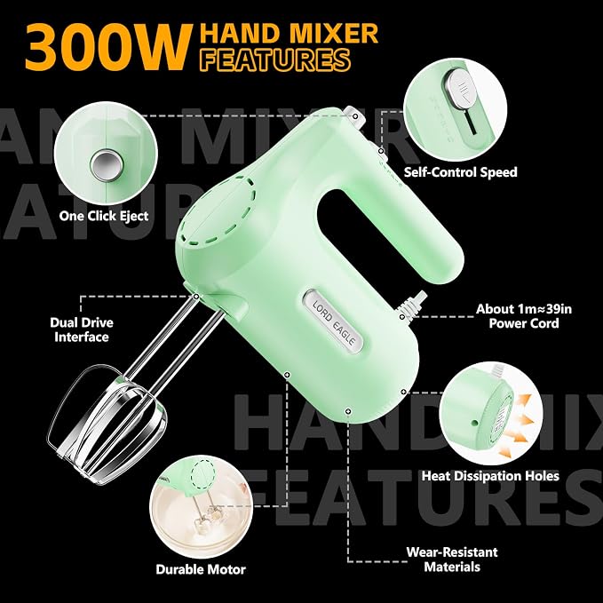 Lord Eagle 5-Speed Small Hand Mixer Electric, 300W Compact Portable, Green | Handheld Kitchen Mixer Egg Beater with 5 Attachments & Storage Bag, Cake Supplies for Bread Dough Baking, Lightweight