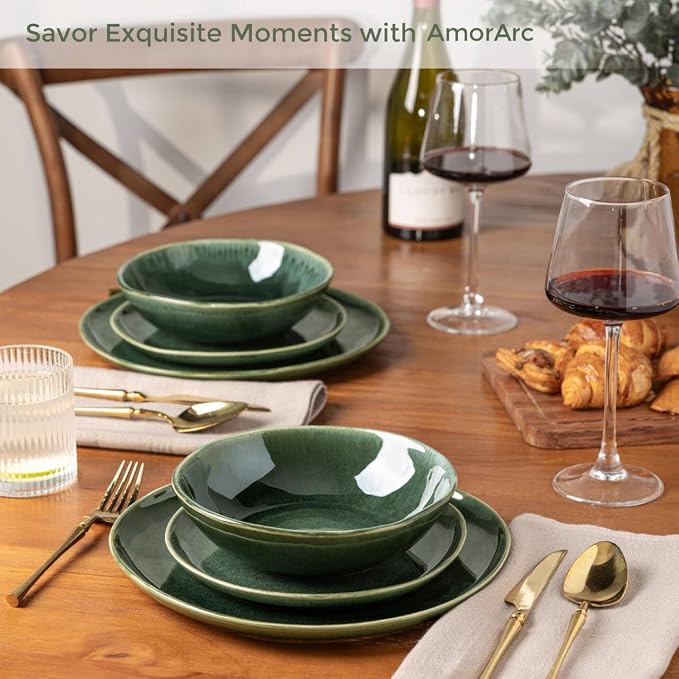 AmorArc Ceramic Dinnerware Sets for 8, 24Pcs Plates and Bowls Sets Dishes | Stoneware Handmade Reactive Glaze Dinner Set, Highly Scratch Resistant | Dishwasher & Microwave Safe Dishware