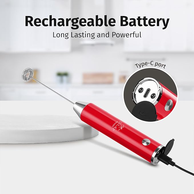 Zulay Kitchen Rechargeable Milk Frother Handheld - Frother Wand, Drink Mixer, Electric Whisk Frother, for Cappuccinos, Matcha & Protein Powder - Lux Double Whisk 2 Speed Waterproof 2000mAh Red