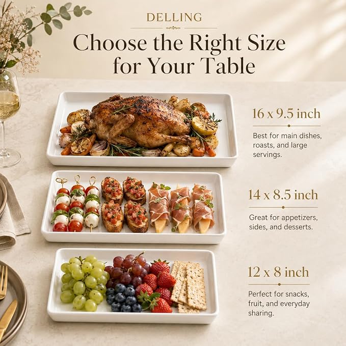Delling Large Serving Platter, 16/14/12 Inch Rectangular Serving Trays for Serving Food, Serving Tray for Party - Set of 3, White