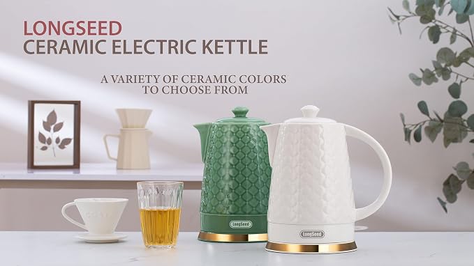 1.5L Ceramic Electric Kettle, 1200W Fast Boil Retro Tea Pot with LED Light, BPA-Free Porcelain Cordless Water Boiler, Auto Shut-Off & Boil-Dry Protection, Green Relief Carving
