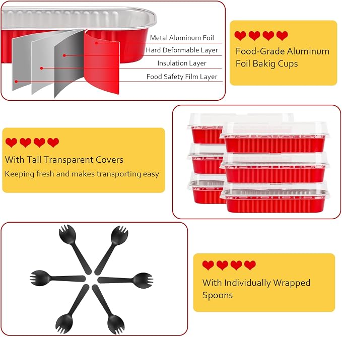 LNYZQUS Mini Loaf Pans with Lids 50 Pack, 6.8oz Small Cake Tins | Rectangle, Red, Disposable Aluminum Foil Baking Cups, Individual Containers for Christmas Party Treats