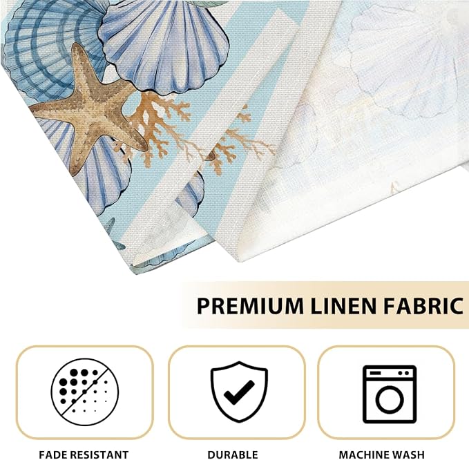 Sea Shell Starfish Beach Placemats Set of 4, Party Kitchen Dining Decor | Seasonal Spring Ocean Coastal Washable Linen Nautical Table Mats wipeable placemats Christmas Festivals Birthday Decor