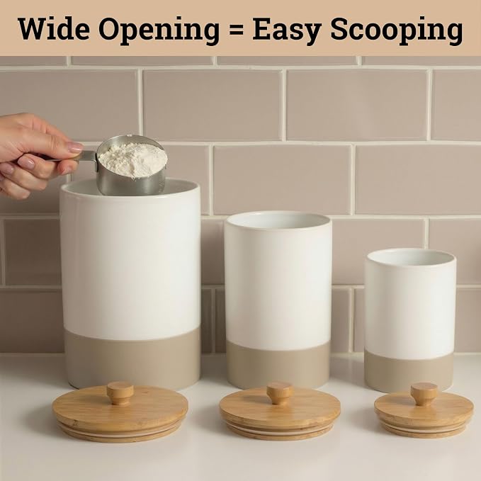 Ceramic Kitchen Canisters for Countertop Set of 3 w/Airtight Bamboo Lids | Thick Sturdy Ceramic, Matte Finish, Airtight Easy Open Bamboo Lids, Comfortable Bamboo Handles, Jar Volumes: 2, 1, 0.5 quarts