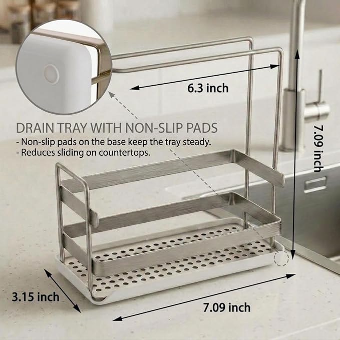 Kitchen Sink Caddy, Compact Sponge Brush Holder Brushed Nickel | Carbon Steel, Towel Rack & Removable Drain Tray, Sponge & Brush Organizer, Compact Sink Storage, Fits Standard Kitchen Sink