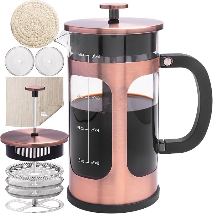 French Press Coffee Maker 8 cups 34 oz 304 Stainless Steel Coffee Press with 4 Filter Screens, Easy Clean Heat Resistant Borosilicate Glass - Free 100% BPA… (Copper-NRA1-S, 34oz)