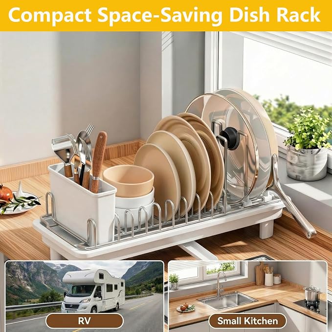Small Dish Drying Rack,Compact Dish Rack for Kitchen Counter with 360° Rotating Drain Spout and Utensil Holder,Stainless Steel Countertop Dish Drainer for Sink,Space-Saving Design for Small Kitchen