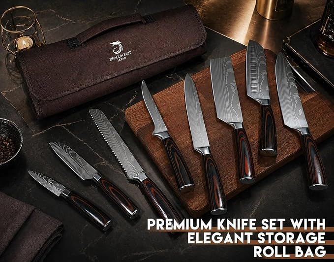 DRAGON RIOT Damascus Kitchen Knife Set, Damascus Steel, Brown Handle | Stainless Steel, Damascus Pattern, Roll Bag, For Meat Processing and Everyday Kitchen Prep