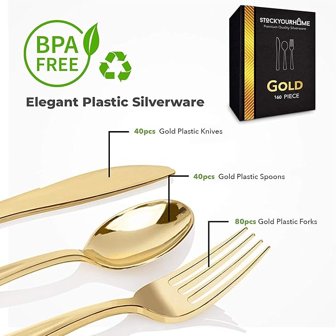 Gold Plastic Silverware Set (160 Bulk Pack) Disposable Cutlery Utensils, 80 Forks, 40 Knives, 40 Spoons, Heavy Duty Flatware For Holidays, Parties, Dinners, Weddings, and Occasions