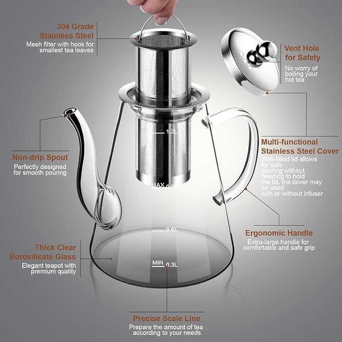 Glass Teapot, 1200ml (40oz) Tea Pot with Infuser for Loose Tea and Blooming Tea, Stovetop Safe Tea Kettle, Hand Crafted Borosilicate Glass Tea Maker with Scale Line, Tea Gift Set for Tea Lovers