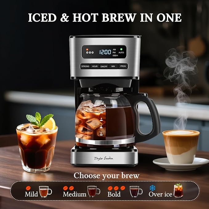 Taylor Swoden Programmable Coffee Makers 12 Cup, Black &Stainless Steel | Hot and Iced Coffee Maker, 4 Brew Strength, LED Display, 24H Timer, Keep Warm&Auto Shutoff- Drip Coffee Machine for Home