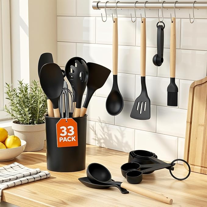 33Pcs Kitchen Utensils Set Silicone Cooking Utensils Set with Wooden Handle | Heat-Resistant, Dishwasher Safe, BPA-Free Silicone Kitchen Utensil Set with Wooden Handles & Holder for Nonstick Cookware