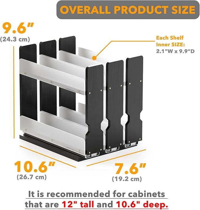 SpaceAid Bamboo Pull Out Spice Rack Organizer for Cabinet, Heavy Duty Slide Out Seasoning Kitchen Pantry Sliding Vertical Organization, 7.6" Wide, 3 Drawers(2" Wide), 2-Tier, Black