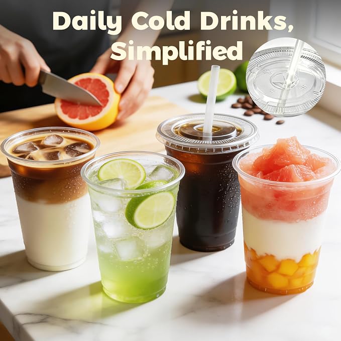 Charmount 100 Sets 16 oz Plastic Cups with Lids and Straws | Clear Disposable Cups for Dirty Soda, Iced Coffee & Smoothies, Plastic Bar Supplies for Cold Drinks