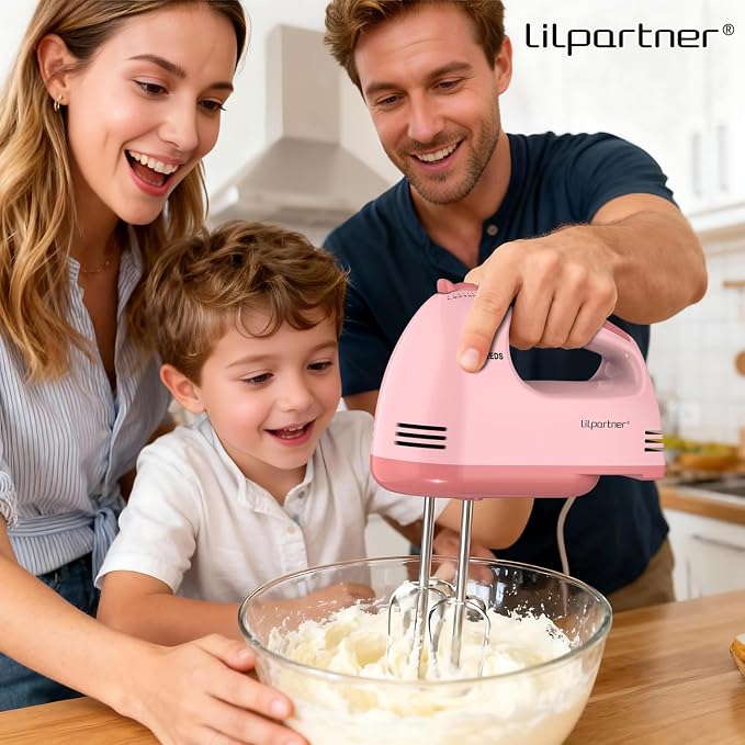 LILPARTNER Hand Mixer Electric, 7*Speed 5 * 304 Accessories, Light Pink