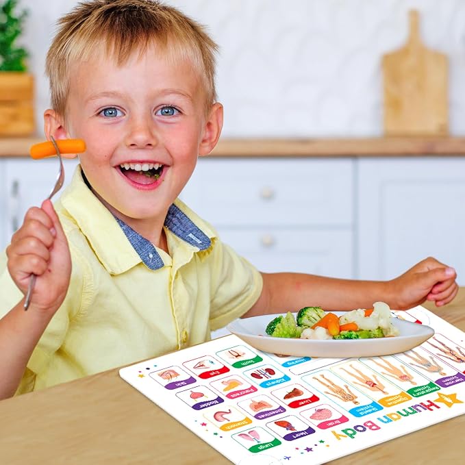 Simply Magic 5 Educational Placemats for Kids - Kids Placemats Non Slip | Kids Placemats for Dining Table, Wipeable Reusable Plastic Learning Place Mats: USA, World Map, Periodic Table, Solar System