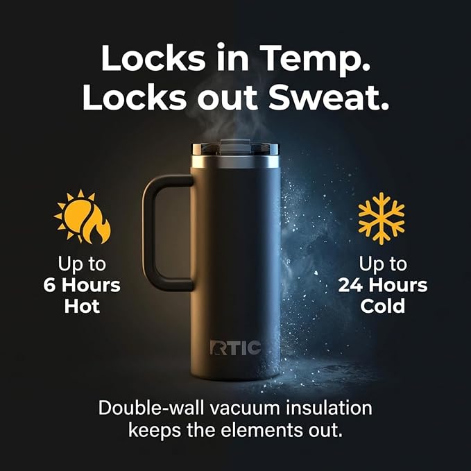 RTIC 20oz Road Trip Travel Mug with Lid and Handle, Ceramic Lined, Insulated, Stainless Steel, Metal, Double Wall Vacuum-Insulation, Portable Coffee, Tea Cup for Hot and Cold Drink, Midnight