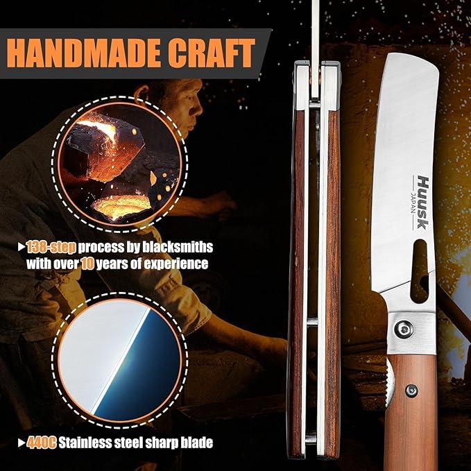 Huusk Japanese Folding Nakiri Knife - Pocket Chef Knives for BBQ | 440C Stainless Steel, Ultra Sharp Blade, Wooden Handle, Gift Box, for Trip Outdoor