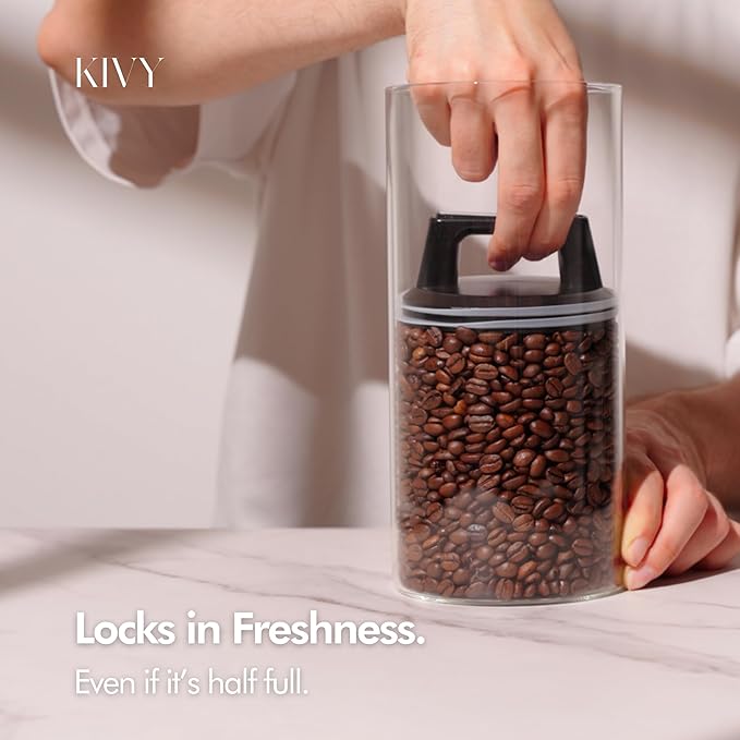 KIVY Vacuum Coffee Canister (Glass) - Push Lid Preserves Coffee Aroma & Oil - Stainless Steel Airtight Coffee Canister - Coffee Container for Ground Coffee & Coffee Bean Storage - Removes Excess Air