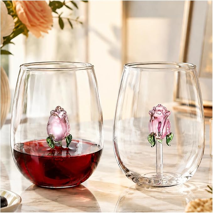 Pumtus Set of 2 Stemless Wine Glassware with Rose Inside, 20 OZ Large Stemless Floral Wine Glasses, Unique Short Wine Tumbler, Romantic Fancy No Stem Beverage Cup for Lover Gift, Wedding, Bar