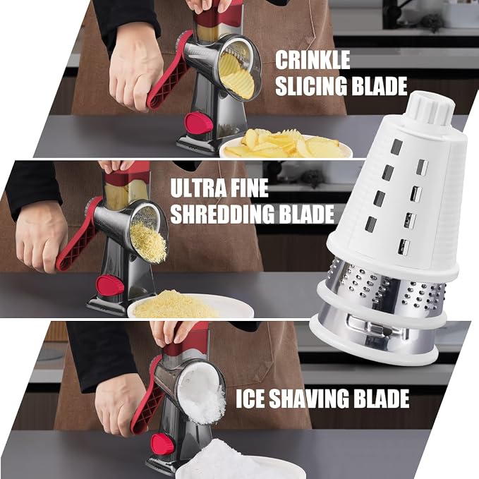 Rotary Cheese Grater Pro 6 in 1 - Shredder Crinkle Slicer Grinder Ice Shaver, Stable Suction, Time-saving Easy Use & Clean, Safe Morden Kitchen Tool for Cheese, Vegetable, Nuts, Chocolate