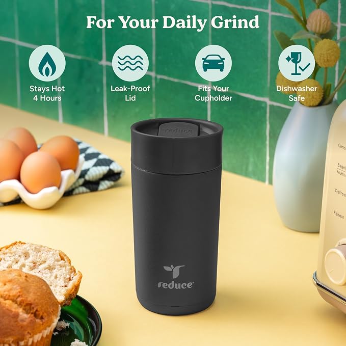 REDUCE Perk 10oz Insulated Coffee Tumbler – Leak-Proof with Lockable Lid and Vacuum Insulation – Durable Stainless Steel – Fits Car Cup Holders – One-Handed Travel Mug in Sand Leopard Print - Black